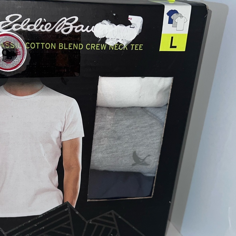L NEW Eddie Bauer Crew Neck Tee Shirt Mens 3 pk cotton blend in box gray & blue